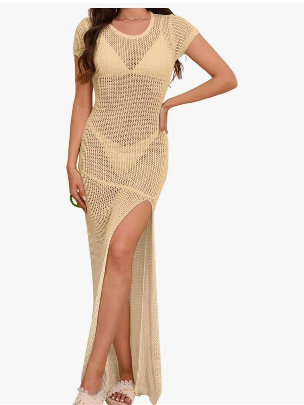 Crochet Knit Bathing Suit Beach Cover Up Maxi Length Beige Med New